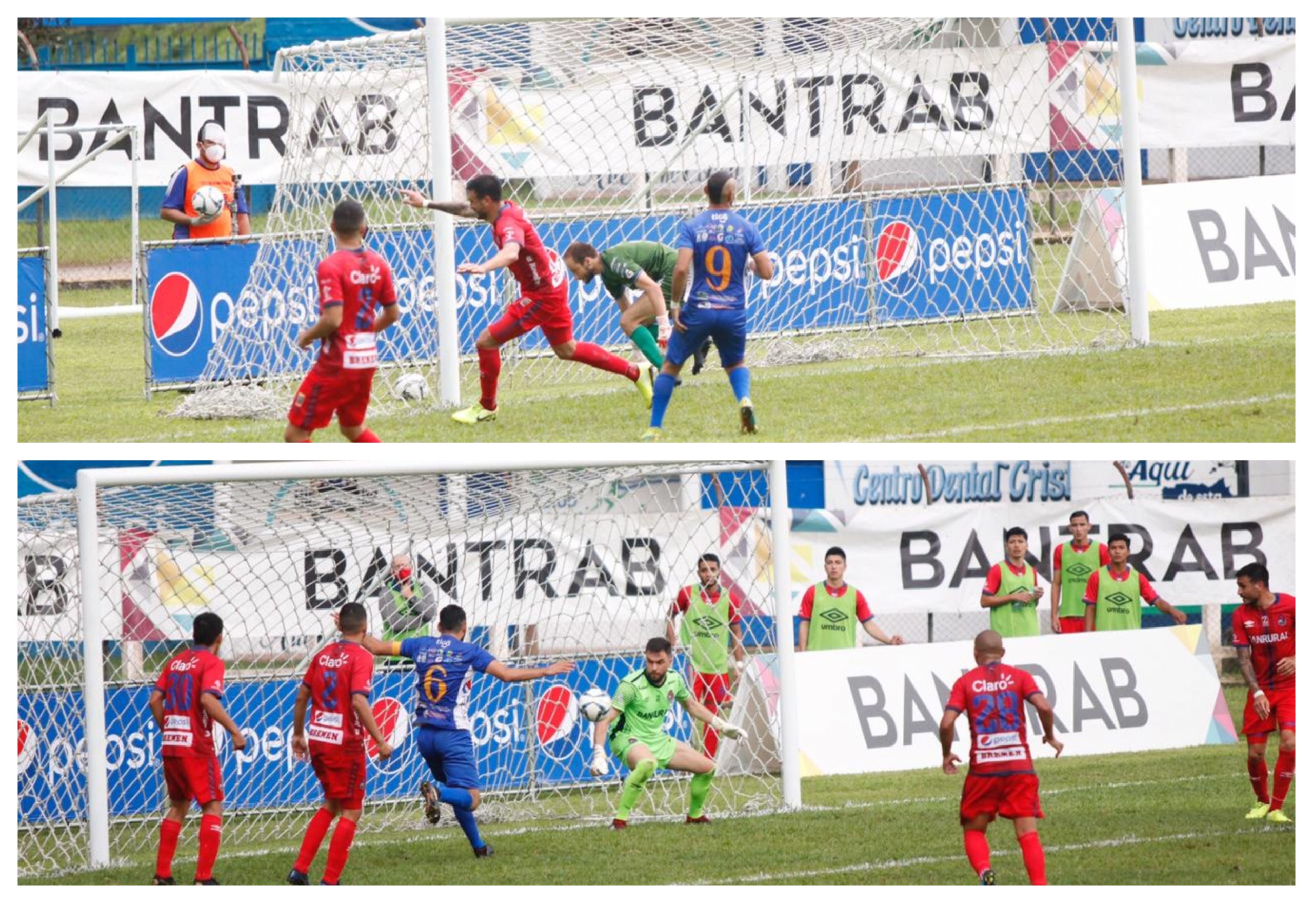 Ramiro Rocca celebró el gol para Municipal y Lauro Cazal lo hizo más tarde para Cobán Imperial. (Foto: Eduardo Sam)